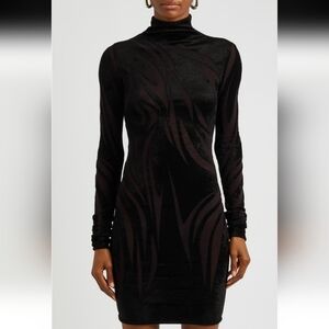 MUGLER Sheer Panel Long Sleeve Flocked Chenille Black Minidress Sz L Org $1,880